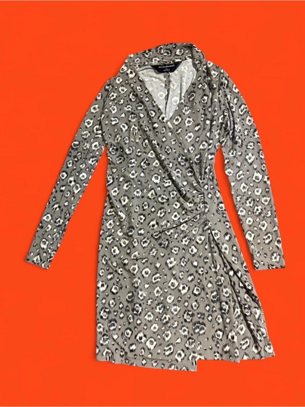 Norma Kamali gray feathery leopard print long sleeve wrap-style midi dress
